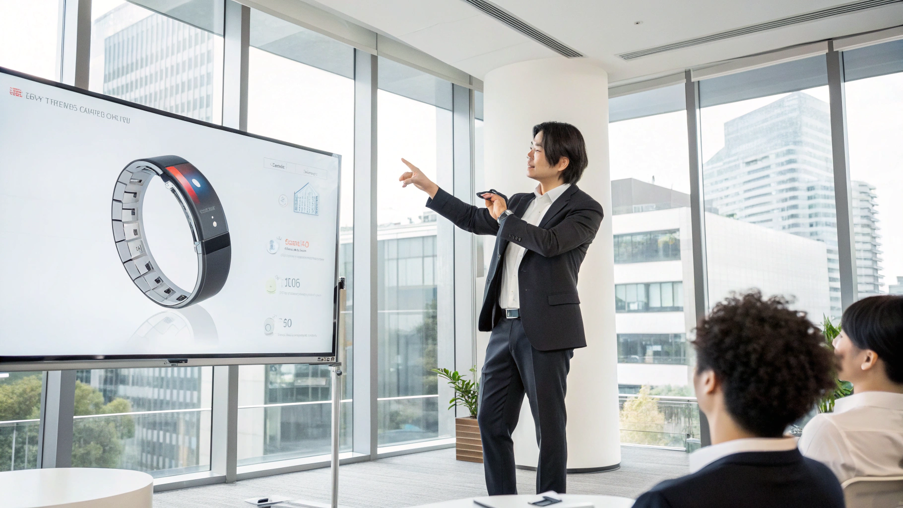 会議でスマートブレスレットの説明をする男性